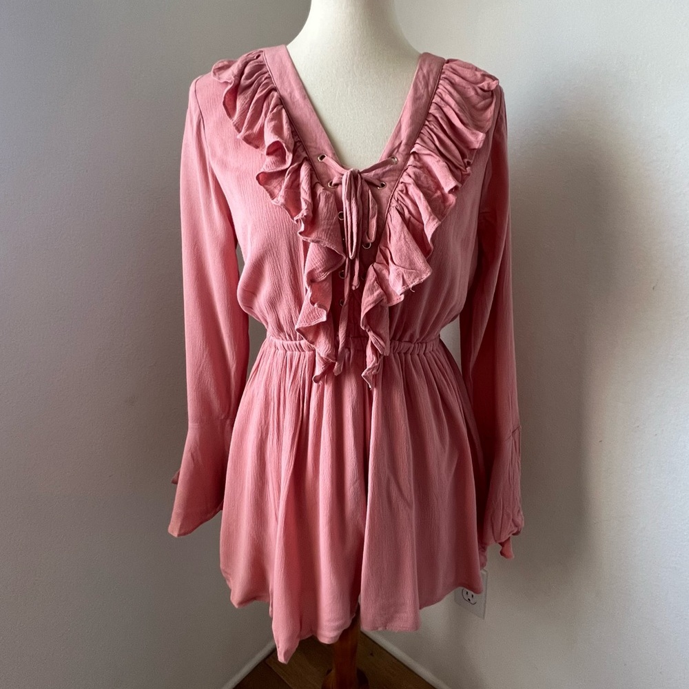 Long Bell Sleeve Ruffle Front Romper